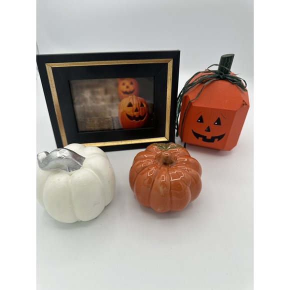 Other - Halloween Pumpkin Decor Lot Ceramic Wood Jack O Lantern Frame Fall Decorations